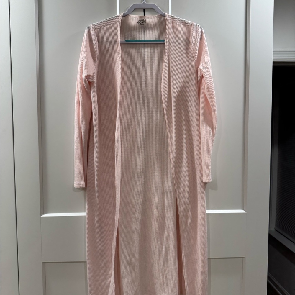 Tickled Teal Light Pink Waffle Knit Cardigan